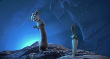 Movie still from “Ice Age: Dawn of the Dinosaurs” (2009), directed by Michael Thurmeier – A couple of mice standing next to each other on some rocks; Wide shot, Low angle