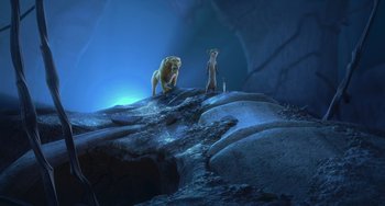 Movie still from “Ice Age: Dawn of the Dinosaurs” (2009), directed by Michael Thurmeier – A couple of animals standing on top of a rock; Wide shot, Low angle