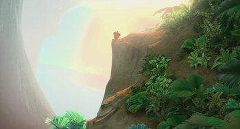Movie still from “Ice Age: Dawn of the Dinosaurs” (2009), directed by Michael Thurmeier – An animal sitting on top of a cliff; Extreme Wide shot, Low angle