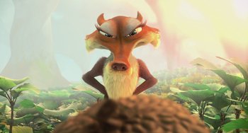 Movie still from “Ice Age: Dawn of the Dinosaurs” (2009), directed by Michael Thurmeier – An animal with horns is standing in a pile of dirt; Close Up shot, Low angle