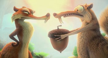 Movie still from “Ice Age: Dawn of the Dinosaurs” (2009), directed by Michael Thurmeier – Two cartoon characters fighting over an acorn in a field; Close Up shot, High angle