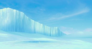 Movie still from “Ice Age: Dawn of the Dinosaurs” (2009), directed by Michael Thurmeier – An ice wall is shown in the distance; Extreme Wide shot, Low angle