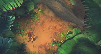 Movie still from “Ice Age: Dawn of the Dinosaurs” (2009), directed by Michael Thurmeier – An aerial view of a forest with a person walking on the ground; Extreme Wide shot, Overhead angle