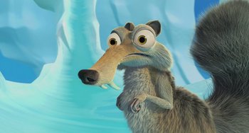 Movie still from “Ice Age: The Meltdown” (2006), directed by Carlos Saldanha – An ice age cartoon character with an animal like face; Close Up shot, Low angle