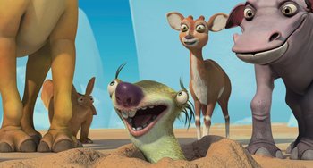 Movie still from “Ice Age: The Meltdown” (2006), directed by Carlos Saldanha – An animated scene of animals in the sand; Medium shot, High angle