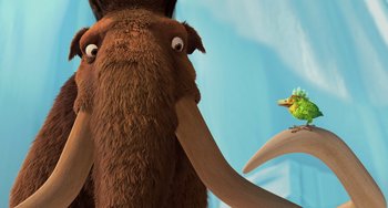 Movie still from “Ice Age: The Meltdown” (2006), directed by Carlos Saldanha – An animal that is looking at a bird; Medium shot, Low angle