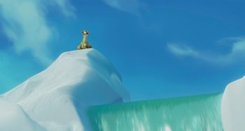 Movie still from “Ice Age: The Meltdown” (2006), directed by Carlos Saldanha – An animal sitting on top of a snow covered hill; Extreme Wide shot, Low angle