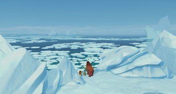 Movie still from “Ice Age: The Meltdown” (2006), directed by Carlos Saldanha – An animated scene of a bear and a bear cub on ice floes; Extreme Wide shot, High angle