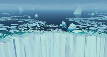 Movie still from “Ice Age: The Meltdown” (2006), directed by Carlos Saldanha – An illustration of an iceberg and a body of water; Extreme Wide shot, Overhead angle