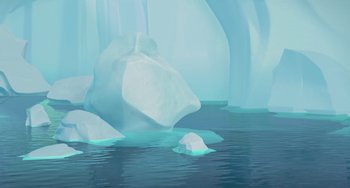 Movie still from “Ice Age: The Meltdown” (2006), directed by Carlos Saldanha – An illustration of an iceberg in the middle of the ocean; Extreme Wide shot, Low angle