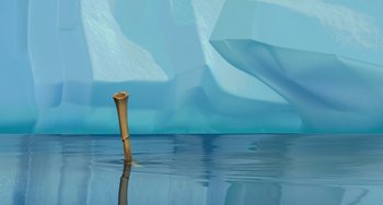 Movie still from “Ice Age: The Meltdown” (2006), directed by Carlos Saldanha – A bamboo stick in the middle of a body of water; Extreme Wide shot, Low angle
