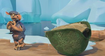 Movie still from “Ice Age: The Meltdown” (2006), directed by Carlos Saldanha – An image of an ice age scene with a green dragon; Wide shot, High angle