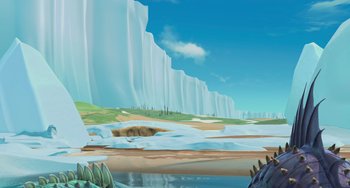 Movie still from “Ice Age: The Meltdown” (2006), directed by Carlos Saldanha – An animated scene of a lake and a mountain range; Extreme Wide shot, Low angle