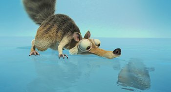 Movie still from “Ice Age: The Meltdown” (2006), directed by Carlos Saldanha – An animated animal is swimming in a body of water; Close Up shot, High angle