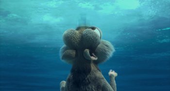Movie still from “Ice Age: The Meltdown” (2006), directed by Carlos Saldanha – An animal with its mouth wide open in the water; Medium shot, Low angle