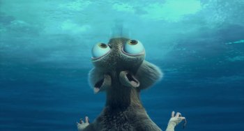 Movie still from “Ice Age: The Meltdown” (2006), directed by Carlos Saldanha – An animal with big blue eyes is standing in the water; Medium shot, Low angle
