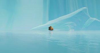 Movie still from “Ice Age: The Meltdown” (2006), directed by Carlos Saldanha – An image of an animal swimming in the water; Extreme Wide shot, High angle
