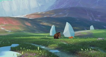 Movie still from “Ice Age: The Meltdown” (2006), directed by Carlos Saldanha – A painting of an animal in the grass near a mountain; Extreme Wide shot, High angle