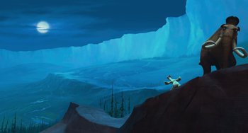 Movie still from “Ice Age: The Meltdown” (2006), directed by Carlos Saldanha – A painting of a person riding a snowboard on top of a mountain; Extreme Wide shot, Low angle