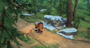 Movie still from “Ice Age: The Meltdown” (2006), directed by Carlos Saldanha – An elephant walking down a path with a dog; Extreme Wide shot, High angle