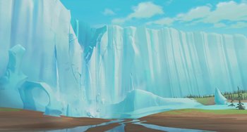 Movie still from “Ice Age: The Meltdown” (2006), directed by Carlos Saldanha – A painting of a mountain with a blue sky in the background; Extreme Wide shot, Low angle