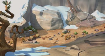 Movie still from “Ice Age: The Meltdown” (2006), directed by Carlos Saldanha – An illustration of animals in a rocky area; Extreme Wide shot, High angle