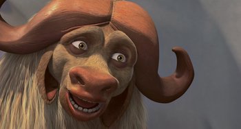 Movie still from “Ice Age: The Meltdown” (2006), directed by Carlos Saldanha – An animal with horns and a big smile; Close Up shot, Low angle