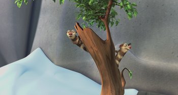 Movie still from “Ice Age: The Meltdown” (2006), directed by Carlos Saldanha – A couple of animals that are hanging on a tree; Wide shot, High angle