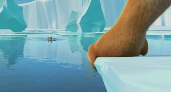 Movie still from “Ice Age: The Meltdown” (2006), directed by Carlos Saldanha – An animated scene of a bear swimming in a lake; Extreme Wide shot, High angle