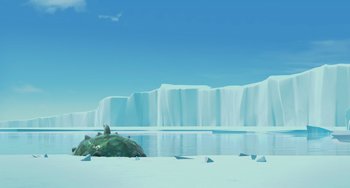 Movie still from “Ice Age: The Meltdown” (2006), directed by Carlos Saldanha – An illustration of an island in the middle of the ocean; Extreme Wide shot, Low angle