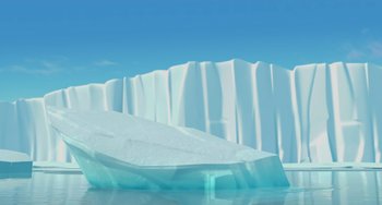 Movie still from “Ice Age: The Meltdown” (2006), directed by Carlos Saldanha – An iceberg floating on top of a body of water; Extreme Wide shot, Low angle