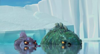 Movie still from “Ice Age: The Meltdown” (2006), directed by Carlos Saldanha – An animated creature in the water next to an iceberg; Wide shot, High angle