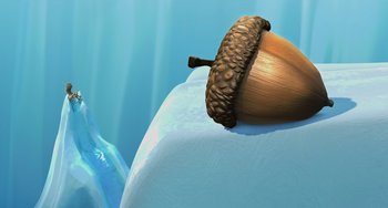 Movie still from “Ice Age: The Meltdown” (2006), directed by Carlos Saldanha – An acorn sitting on top of a table next to water; Extreme Close Up shot, Overhead angle