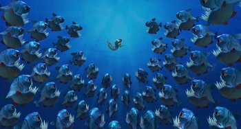 Movie still from “Ice Age: The Meltdown” (2006), directed by Carlos Saldanha – A person swimming in the ocean surrounded by fish; Extreme Wide shot, Overhead angle