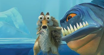 Movie still from “Ice Age: The Meltdown” (2006), directed by Carlos Saldanha – An ice age character and an ice age monster; Wide shot, Over the shoulder angle