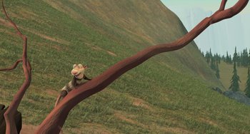 Movie still from “Ice Age: The Meltdown” (2006), directed by Carlos Saldanha – An animated lizard sitting on top of a tree branch; Wide shot, High angle