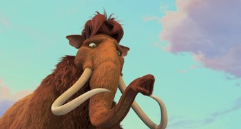 Movie still from “Ice Age: The Meltdown” (2006), directed by Carlos Saldanha – An illustration of an ice age woolly mammoth with tusks; Close Up shot, Low angle