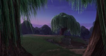 Movie still from “Ice Age: The Meltdown” (2006), directed by Carlos Saldanha – A painting of a tree in the middle of a field; Extreme Wide shot, Low angle