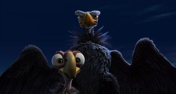 Movie still from “Ice Age: The Meltdown” (2006), directed by Carlos Saldanha – A couple of birds that are next to each other; Medium shot, Low angle
