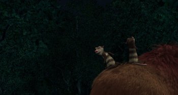 Movie still from “Ice Age: The Meltdown” (2006), directed by Carlos Saldanha – A couple of animals that are sitting in the grass; Medium shot, High angle
