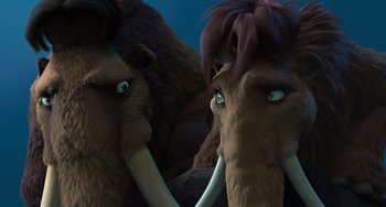 Movie still from “Ice Age: The Meltdown” (2006), directed by Carlos Saldanha – Two elephants with green eyes; Close Up shot, Low angle