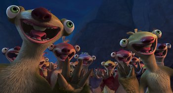 Movie still from “Ice Age: The Meltdown” (2006), directed by Carlos Saldanha – A bunch of animals that are in a field; Wide shot, High angle