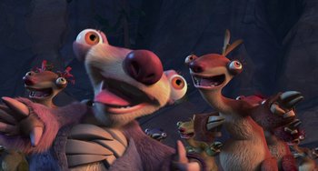 Movie still from “Ice Age: The Meltdown” (2006), directed by Carlos Saldanha – A group of ice age characters in the dark; Medium shot, Low angle