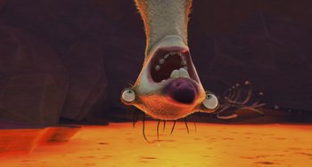 Movie still from “Ice Age: The Meltdown” (2006), directed by Carlos Saldanha – An animal with its mouth wide open in the desert; Extreme Close Up shot, Overhead angle