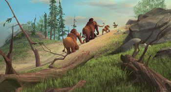 Movie still from “Ice Age: The Meltdown” (2006), directed by Carlos Saldanha – An illustration of an elephant family walking across a log; Extreme Wide shot, High angle