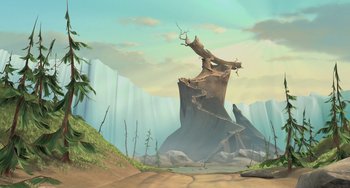 Movie still from “Ice Age: The Meltdown” (2006), directed by Carlos Saldanha – An animated scene of a tree stump in the middle of a forest; Extreme Wide shot, Low angle