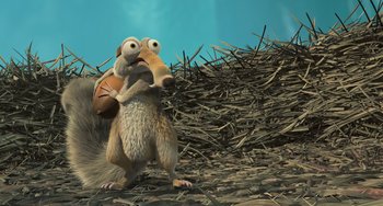 Movie still from “Ice Age: The Meltdown” (2006), directed by Carlos Saldanha – An ice age character holding an object in his mouth; Medium shot, High angle