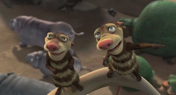 Movie still from “Ice Age: The Meltdown” (2006), directed by Carlos Saldanha – A couple of monkeys sitting on top of a tree branch; Close Up shot, High angle