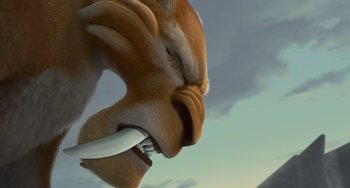 Movie still from “Ice Age: The Meltdown” (2006), directed by Carlos Saldanha – An animal with its mouth wide open eating something; Extreme Close Up shot, Low angle