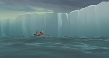 Movie still from “Ice Age: The Meltdown” (2006), directed by Carlos Saldanha – Two people on a boat in the middle of the ocean; Extreme Wide shot, Low angle